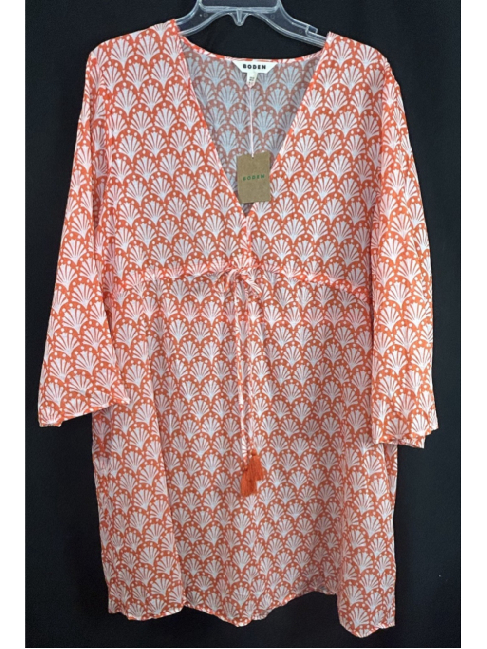 Boden Short Kaftan Beach Cover Up US 14R Coral Shell Pattern Cotton Vacation NWT